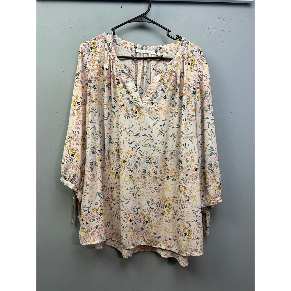 Violet + Claire Blouse Womens 3X Cream‎ Floral V-Neck Tie Sleeve Peasant Top